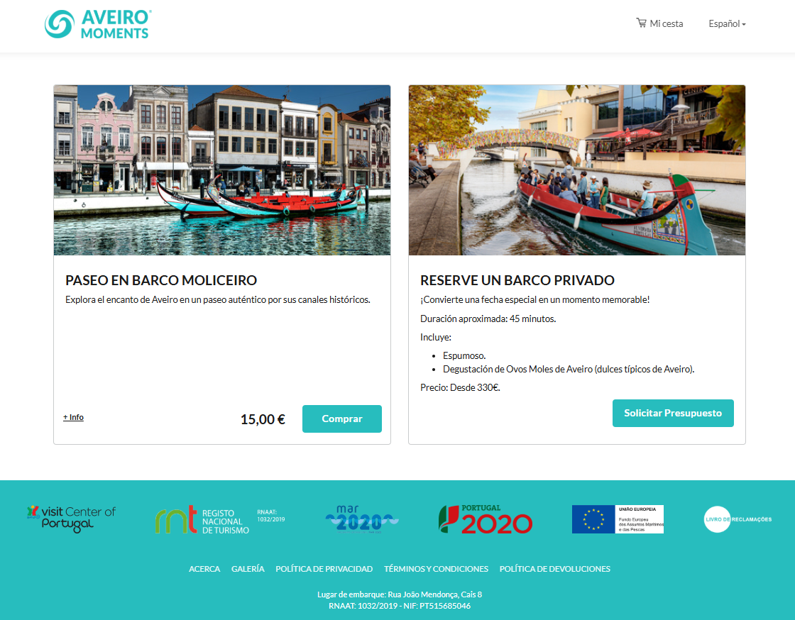 Pagina de ticketing Aveiro Moments